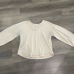 Cream V-Neck Women's Top with brown stitching & puff sleeves. Size Large